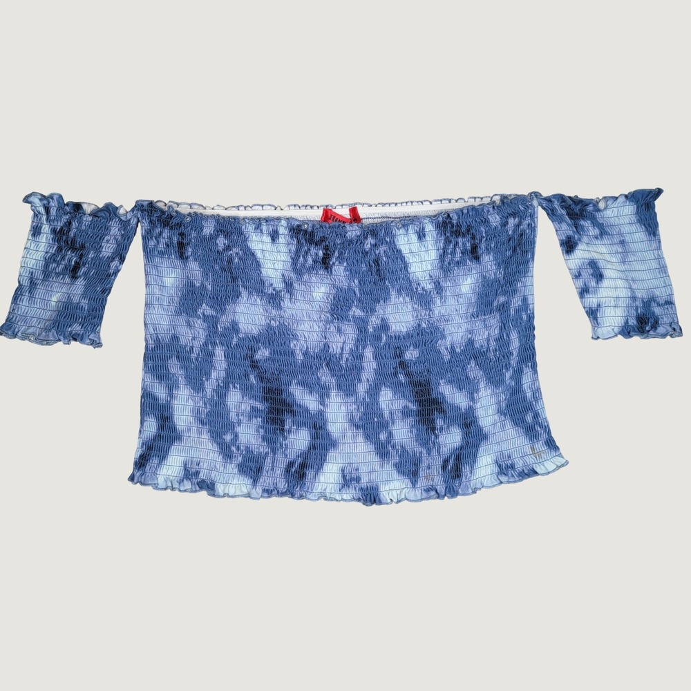 Hot Kiss Blue Tie Dye Smocked Off The Shoulder Crop Top SXT3149 XL Womens Y2K